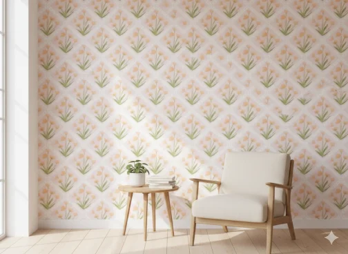 Intérieur avec papier peint à motif floral imprimé au bloc de bois, fauteuil en bois et petite table