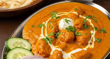 Butter chicken servito con naan e riso