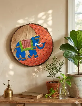 Produit Fresque murale Éléphant block-printé sur bois (Ø ~40 cm) Image
