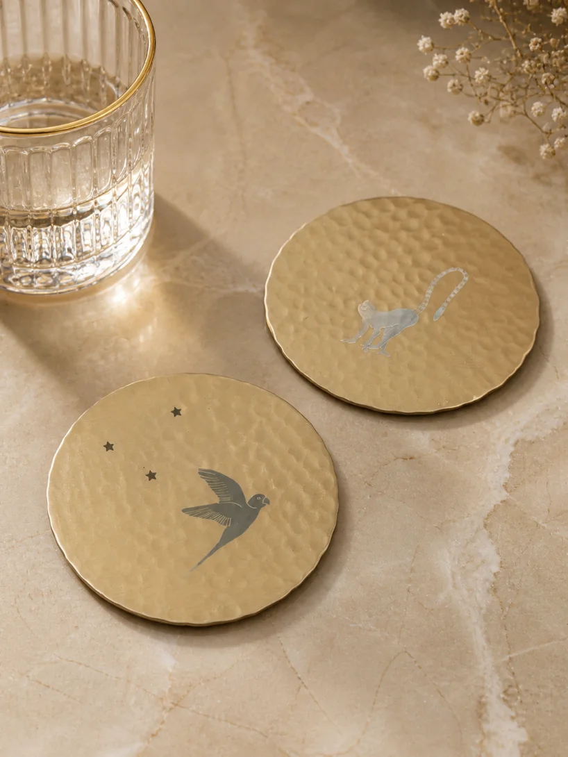Hammered Bronze Coasters — Bird & Monkey (set of 2)