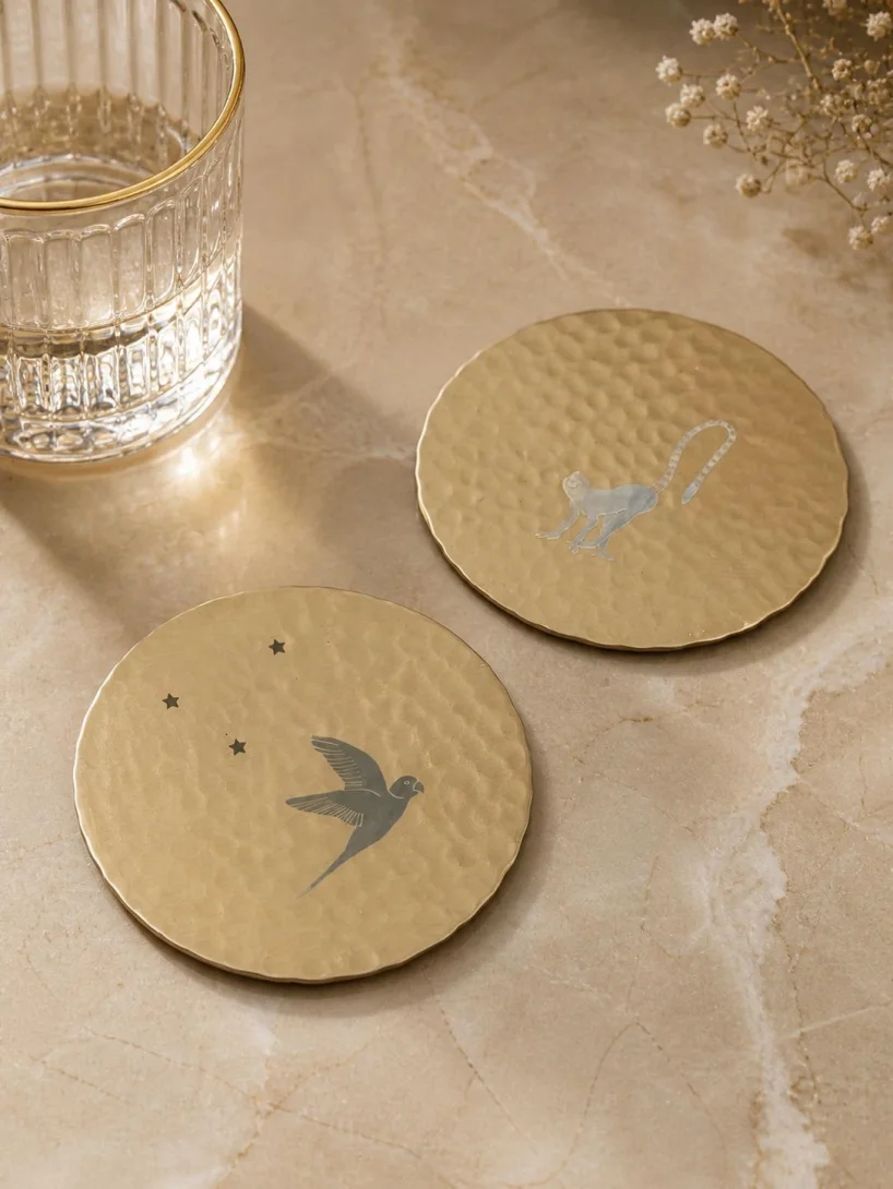 Hammered Bronze Coasters — Bird & Monkey (set of 2)
