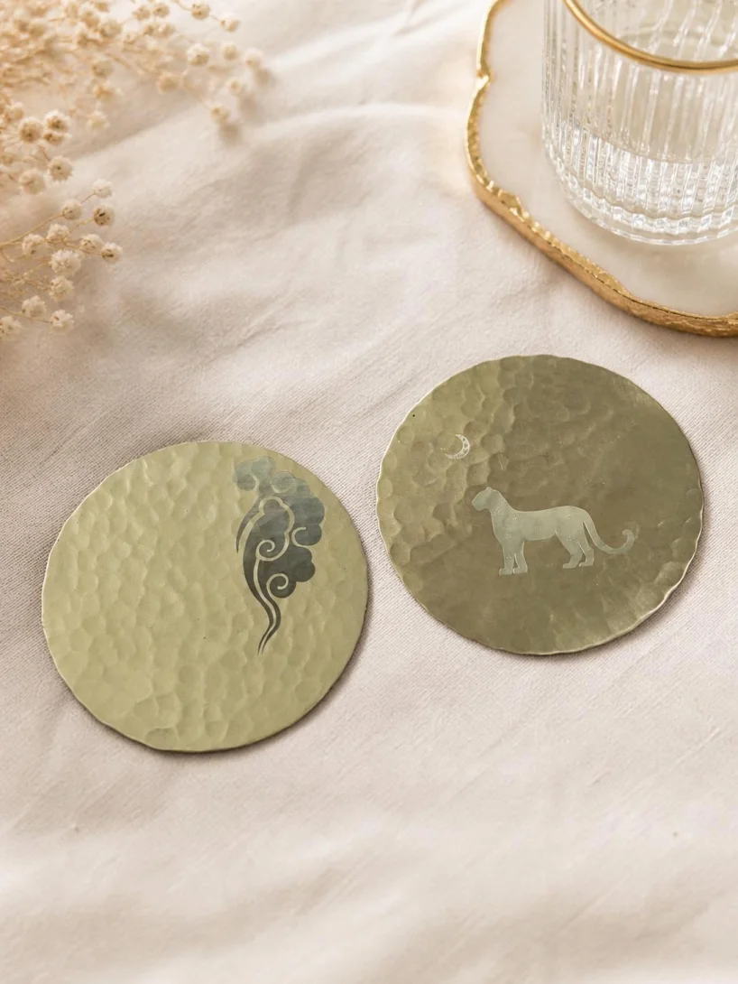 Hammered Bronze Coasters — Cloud & Leopard (set of 2)