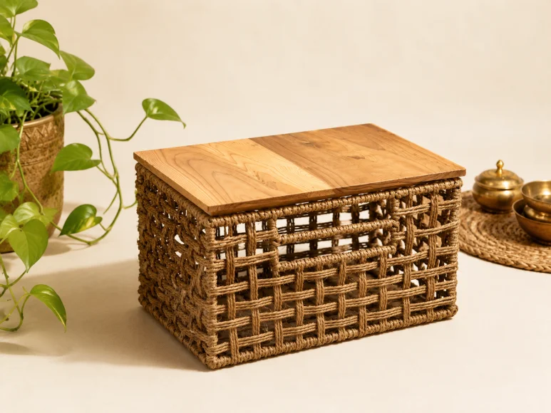 Panier de rangement tressé naturel avec couvercle en bois