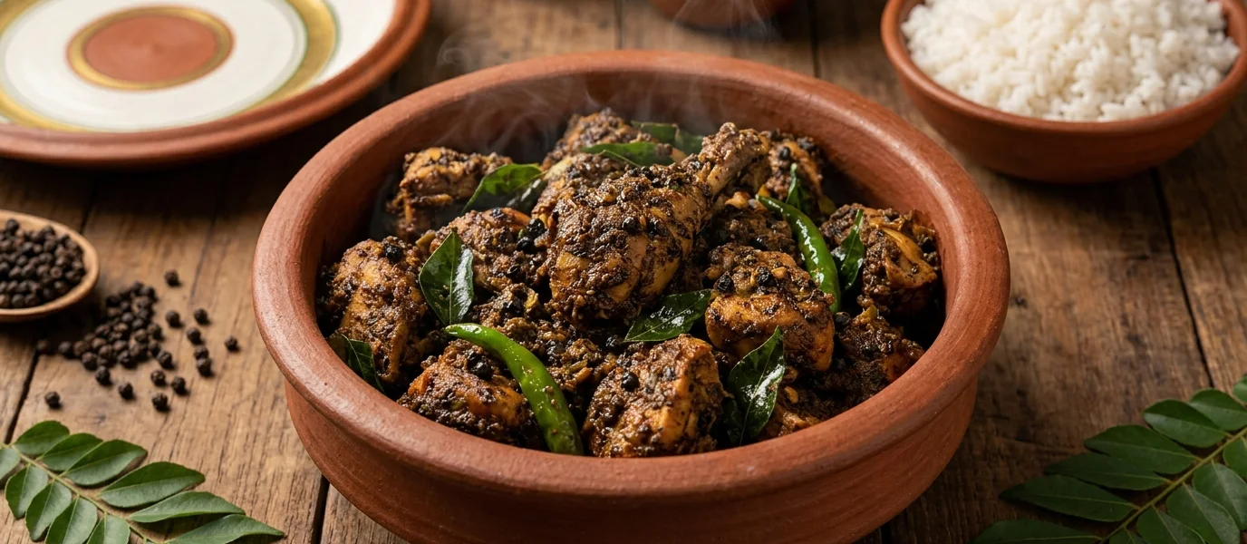 Pollo al pimiento blanco de Kerala (Kozhi Milagu Varuval)