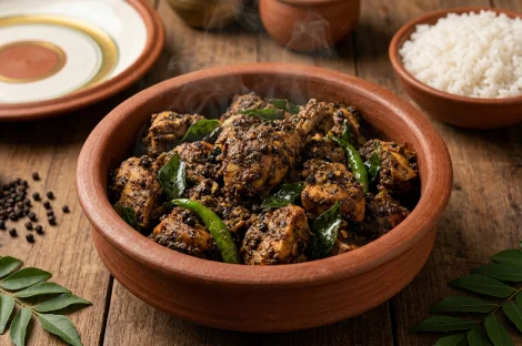 Pollo al pimiento blanco de Kerala (Kozhi Milagu Varuval)