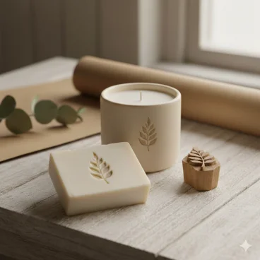 Savon artisanal et bougie marqués avec un motif de feuille par un petit bloc de bois sculpté