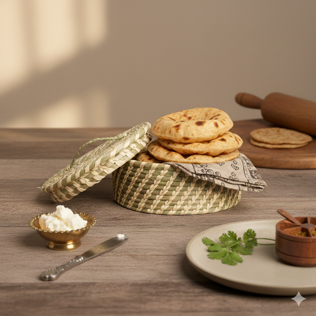 A wooden chapati box (roti dabba) keeping fresh rotis warm