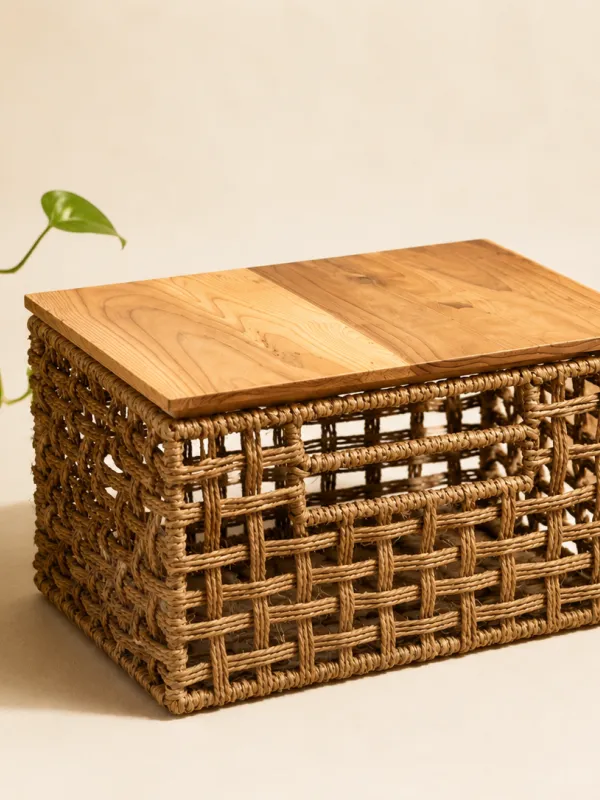 Panier de rangement tressé naturel avec couvercle en bois