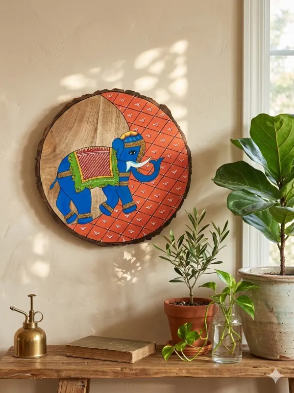 Fresque murale Éléphant block-printé sur bois (Ø ~40 cm)