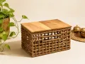 Panier de rangement tressé naturel avec couvercle en bois