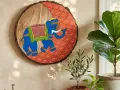 Block-Printed Elephant Wall Mural on Wood (~40 cm Ø)