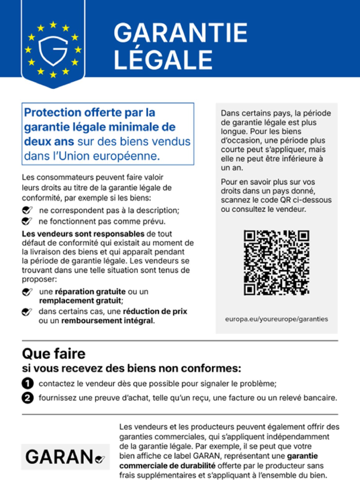 Garantie légale : protection offerte par la garantie légale minimale de deux ans sur des biens vendus dans l'Union européenne. Les vendeurs sont responsables de tout défaut de conformité existant à la livraison et apparaissant pendant la période de garantie : réparation ou remplacement gratuit, dans certains cas réduction de prix ou remboursement intégral. Si vous recevez des biens non conformes, contactez le vendeur dès que possible et fournissez une preuve d'achat.
